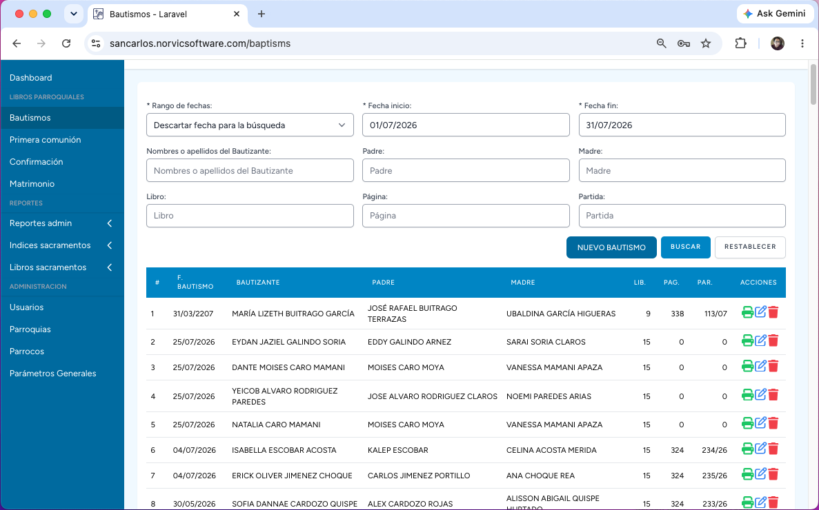 Sistema ISAP - Módulo de Bautismos, software para iglesias en Perú